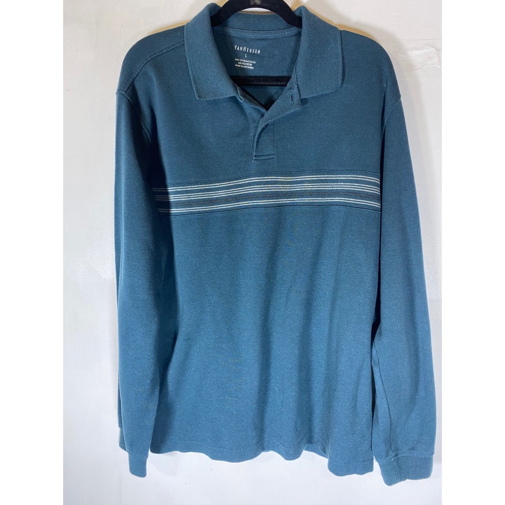 Van Heusen Large Teal Long Sleeve Polo Shirt Chest Stripe Casual Dadcore